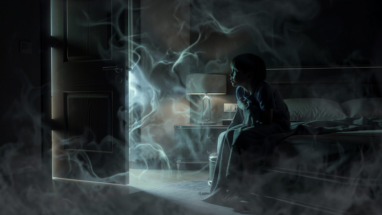 A child's bedroom at night, closet door ajar